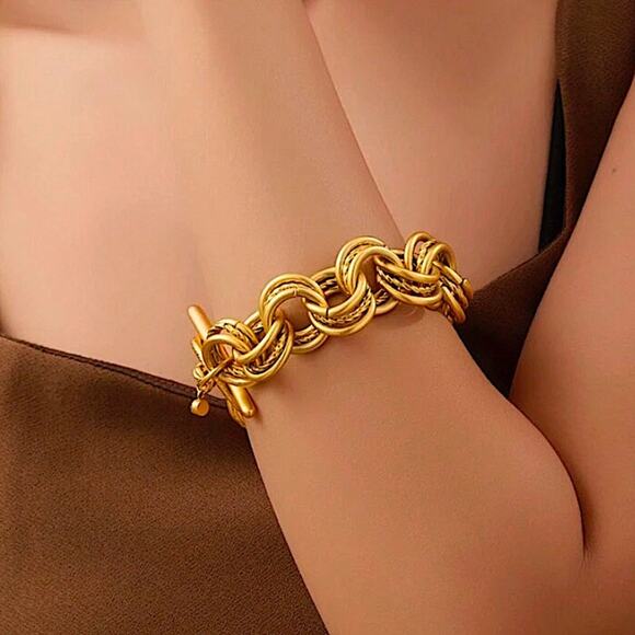 Gold Stainless Steel Bracelet Chain Link Boho Statement Piece - Picture 1 of 7